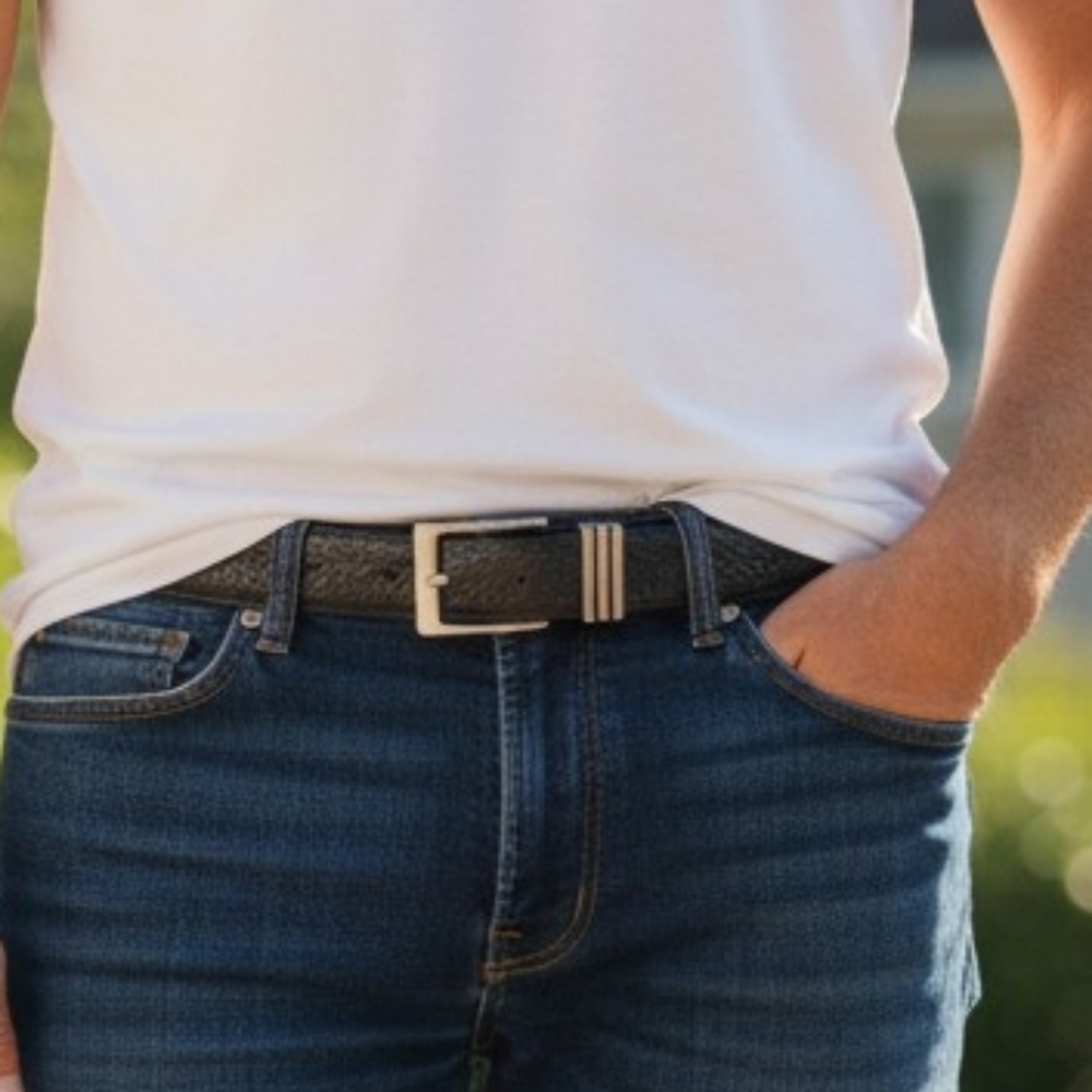 Black Textured Leather Belt with Brushed Silver Buckle
